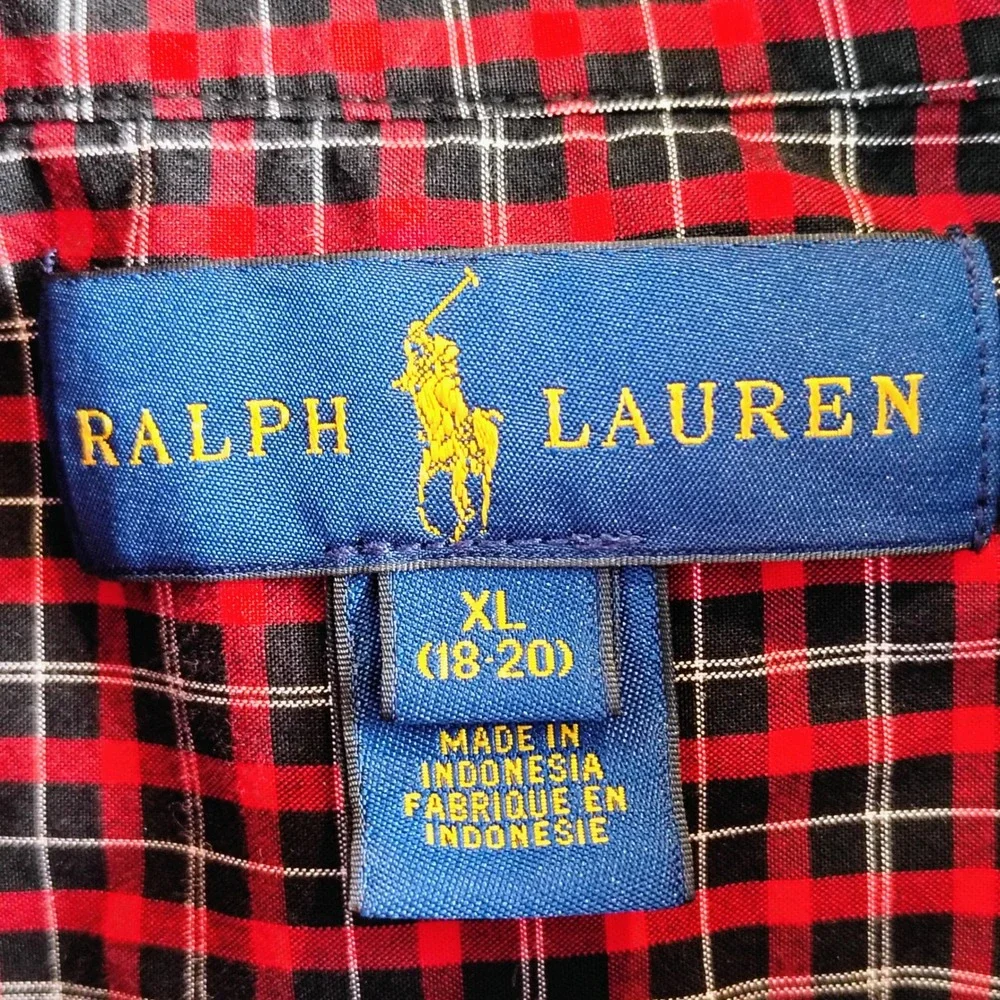 Ralph Lauren Boys XL 18-20 Red Black Plaid Cotton Button Down Shirt Long Sleeve